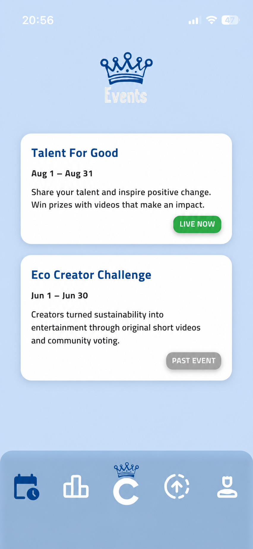 ClipKing events screen showing live creator competitions